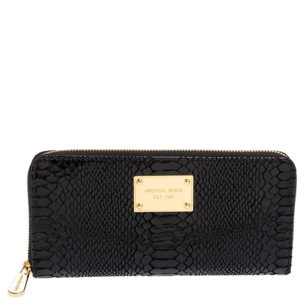 Michael Kors Black Glossy Python Embossed Leather Jet Set Zip Around Wallet
